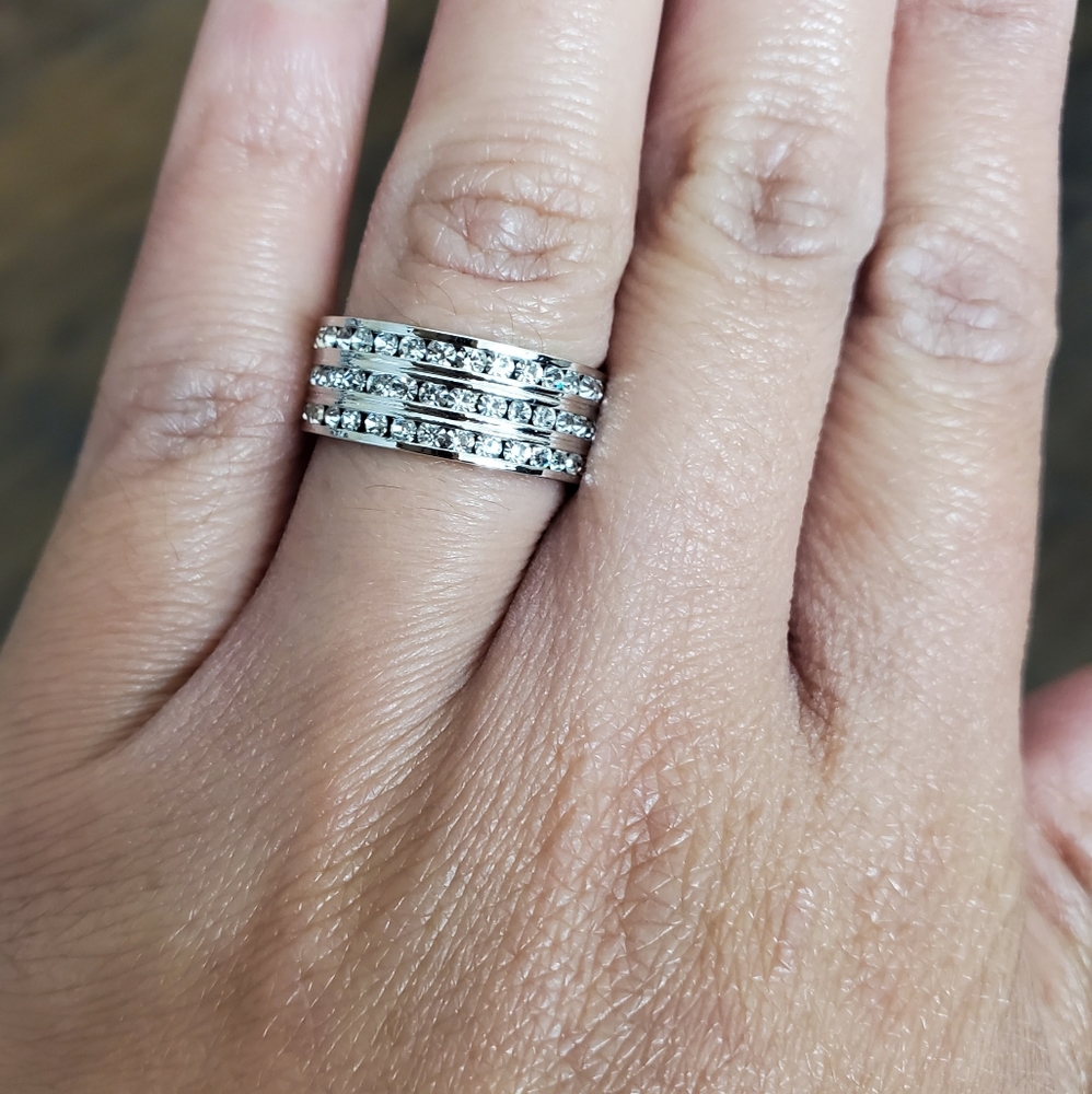 Crystal White Gold Rhodium Triple Eternity Band
